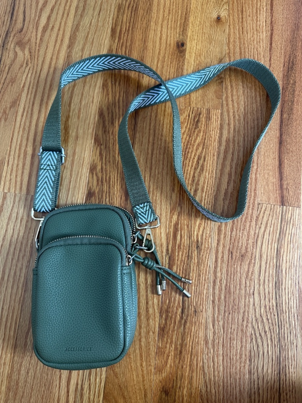 Accessorize Olive Green Pebbled Leather Phone Bag with Patterned Strap